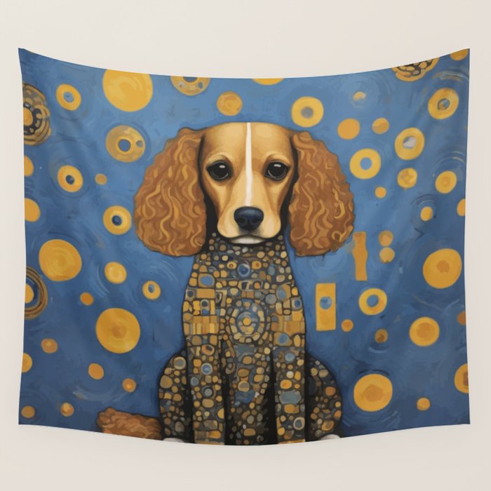 Gustav Klimt Style Dog in Blue and Gold Costume Wall Tapestry Gallery Image 4