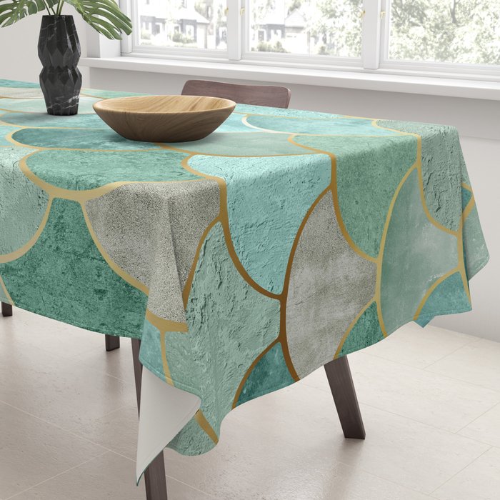 Moroccan Mermaid Fish Scale Pattern, Green and Gold Tablecloth Gallery Image 3