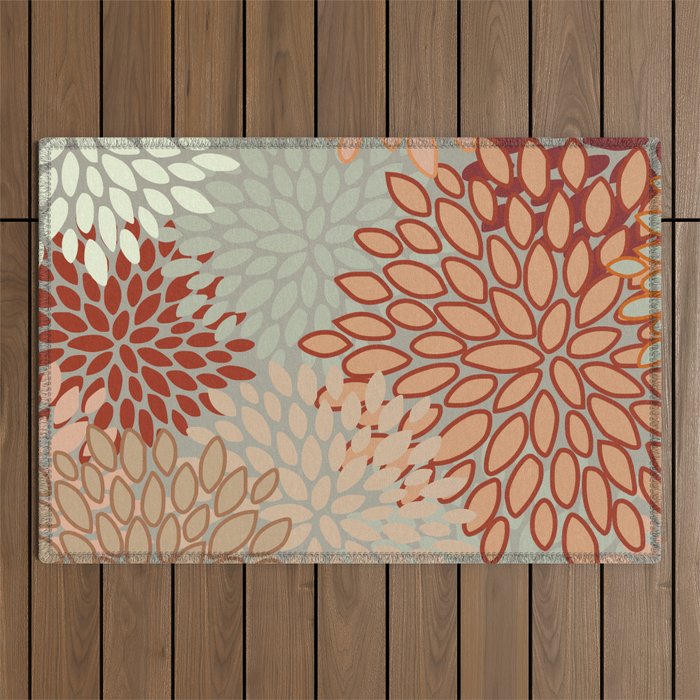Festive, Floral Prints, Green, Terracotta, Red, Coloured Prints Outdoor Rug Gallery Image 1