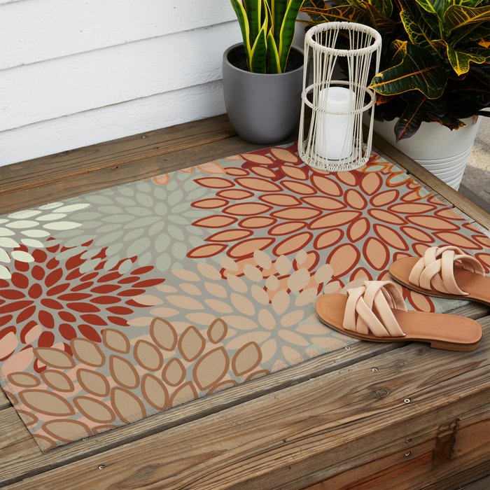 Festive, Floral Prints, Green, Terracotta, Red, Coloured Prints Outdoor Rug Gallery Image 2