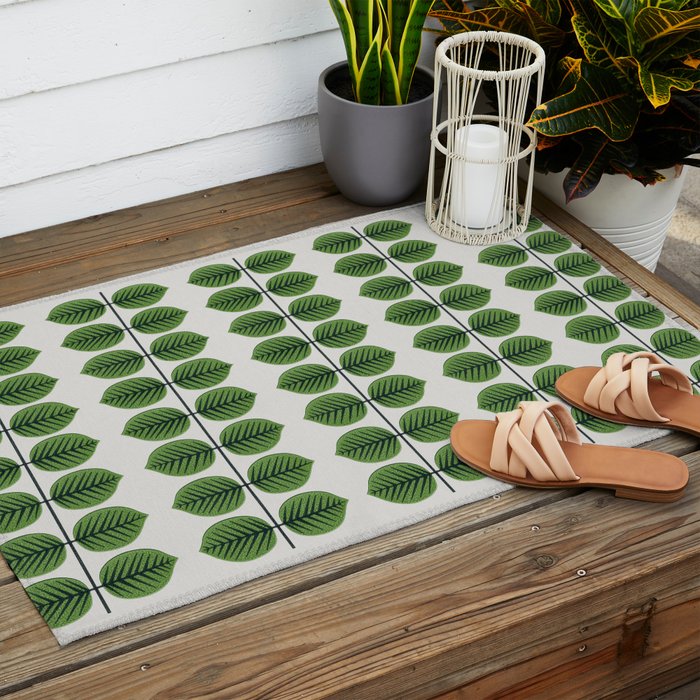 Green Leaves - Vintage Midcentury Modern Botanical Pattern Outdoor Rug Gallery Image 2