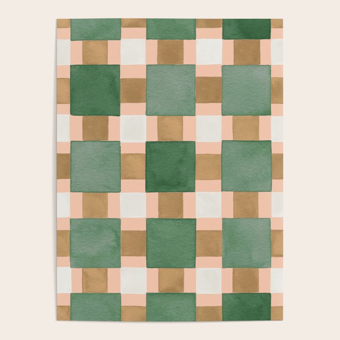 Retro plaid checks geometry Green Ocre Poster Gallery Image 1