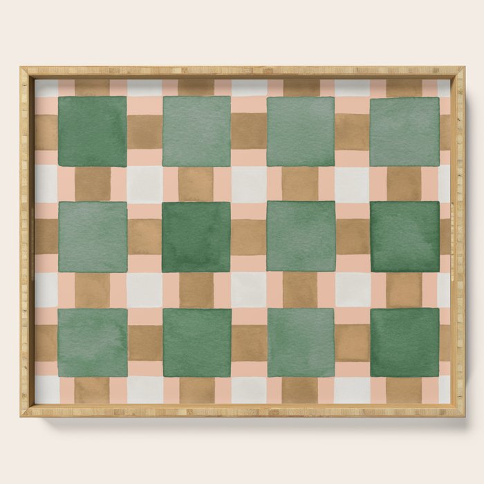 Retro plaid checks geometry Green Ocre Serving Tray Gallery Image 1