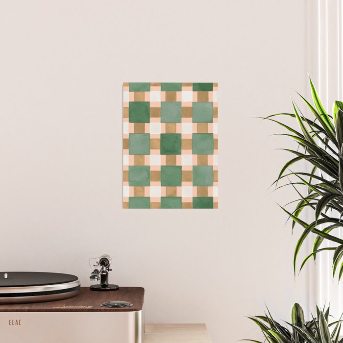 Retro plaid checks geometry Green Ocre Poster Gallery Image 2
