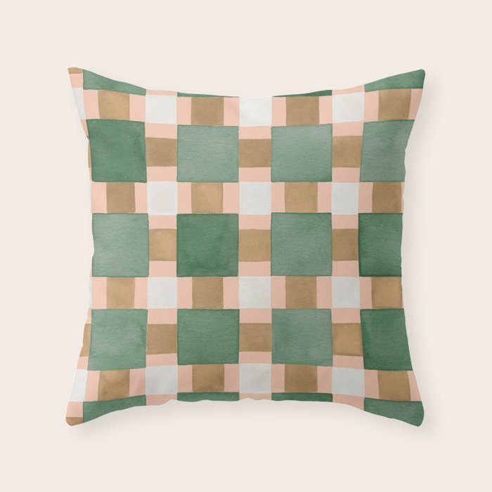 Retro plaid checks geometry Green Ocre Throw Pillow Gallery Image 6