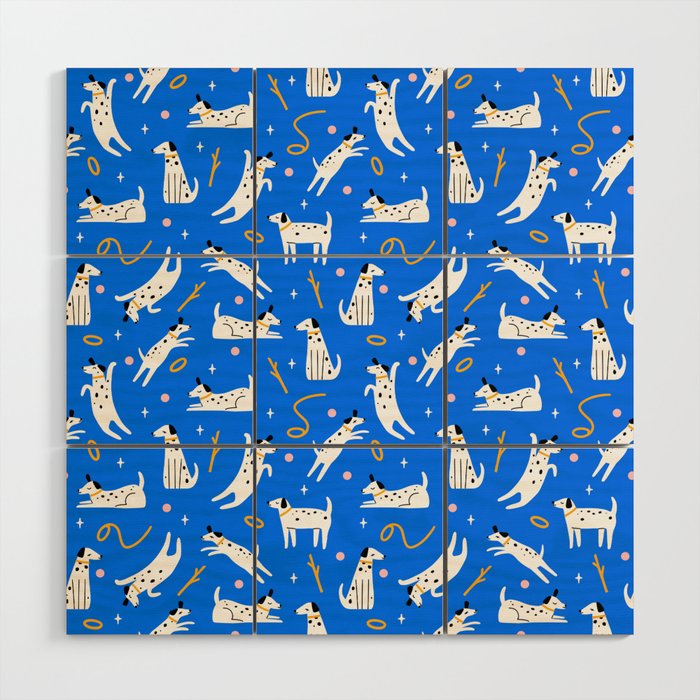 Playful Dogs Pattern Cobalt Blue Wood Wall Art Gallery Image 1