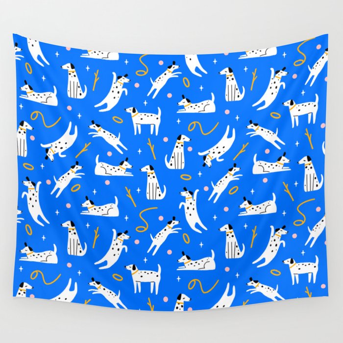 Playful Dogs Pattern Cobalt Blue Wall Tapestry Gallery Image 4
