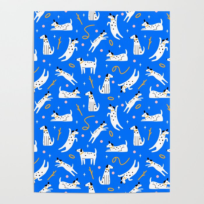 Playful Dogs Pattern Cobalt Blue Poster Gallery Image 1