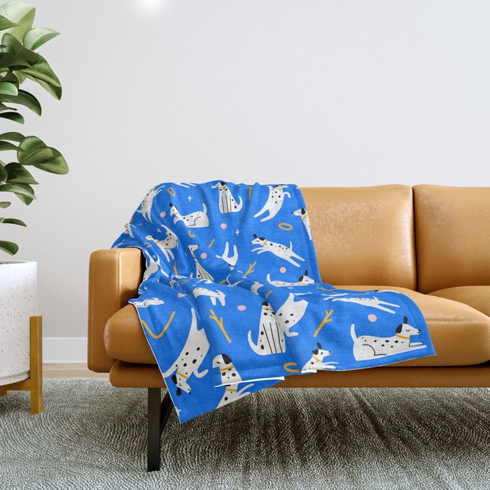 Playful Dogs Pattern Cobalt Blue Throw Blanket Gallery Image 1