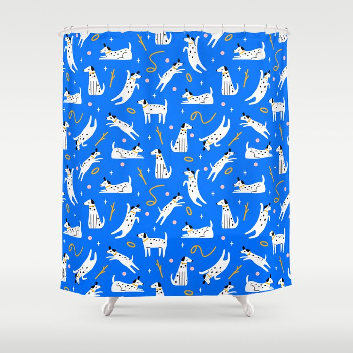 Playful Dogs Pattern Cobalt Blue Shower Curtain Gallery Image 1