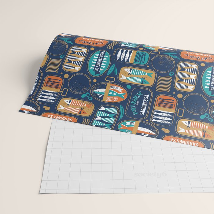 Vintage canned sardines // navy blue background peacock teal and gold drop orange cans  Wrapping Paper Gallery Image 2