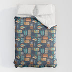Vintage canned sardines // navy blue background peacock teal and gold drop orange cans  Duvet Cover Gallery Image 6