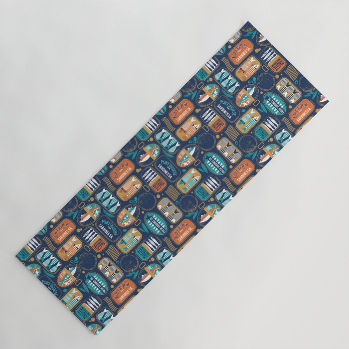 Vintage canned sardines // navy blue background peacock teal and gold drop orange cans  Yoga Mat Gallery Image 1