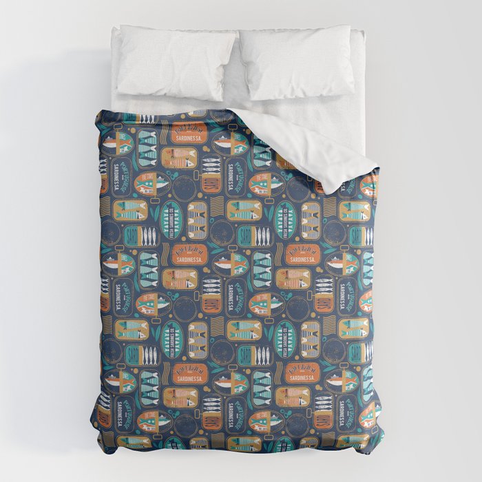 Vintage canned sardines // navy blue background peacock teal and gold drop orange cans  Duvet Cover Gallery Image 1