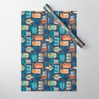 Vintage canned sardines // navy blue background peacock teal and gold drop orange cans  Wrapping Paper Gallery Image 1