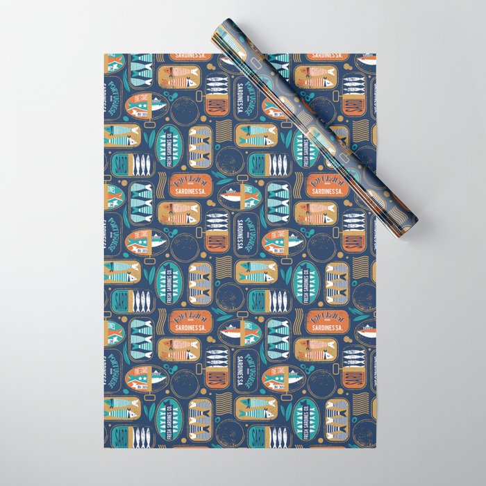 Vintage canned sardines // navy blue background peacock teal and gold drop orange cans  Wrapping Paper Gallery Image 1
