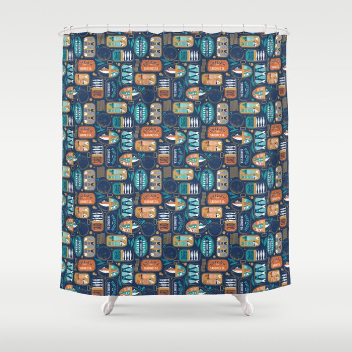 Vintage canned sardines // navy blue background peacock teal and gold drop orange cans  Shower Curtain Gallery Image 1