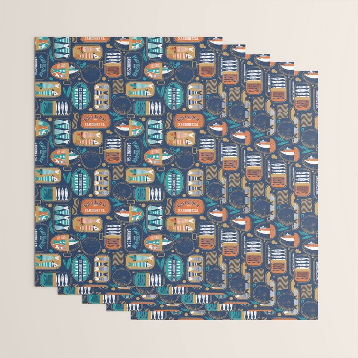 Vintage canned sardines // navy blue background peacock teal and gold drop orange cans  Wrapping Paper Gallery Image 3