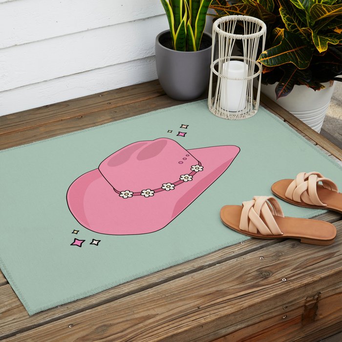 Pink And Green Colorful Cowboy Hat Outdoor Rug Gallery Image 2