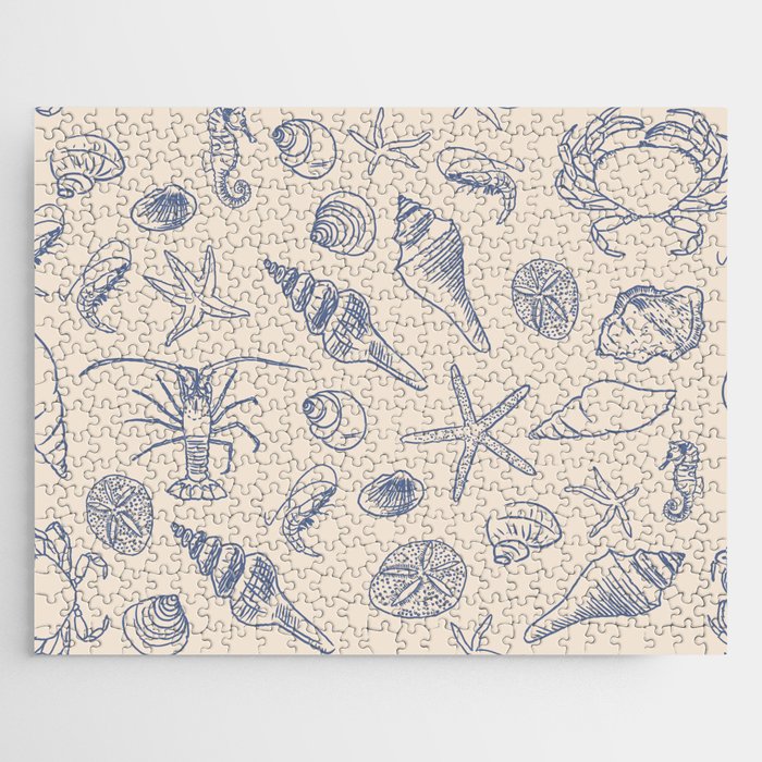 Seahorse Ocean Nautical Coastal Serenity Blue Ivory  Jigsaw Puzzle Gallery Image 1