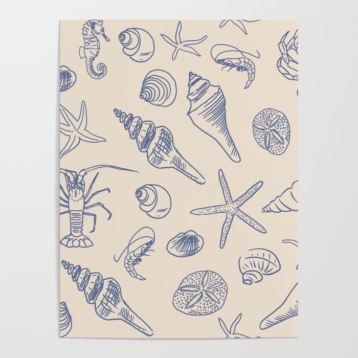 Seahorse Ocean Nautical Coastal Serenity Blue Ivory  Poster Gallery Image 1