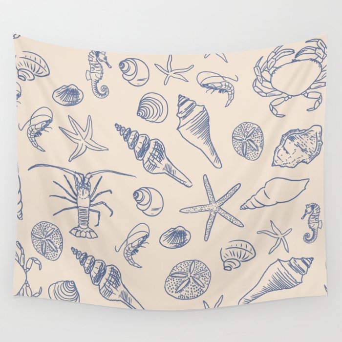 Seahorse Ocean Nautical Coastal Serenity Blue Ivory  Wall Tapestry Gallery Image 1