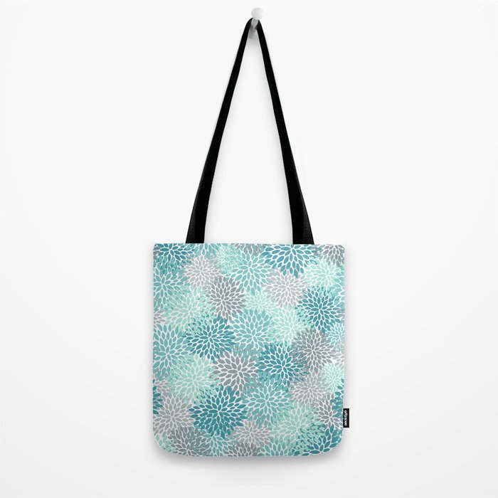 Modern Floral Prints, Teal, Turquoise and Gray Tote Bag Gallery Image 2