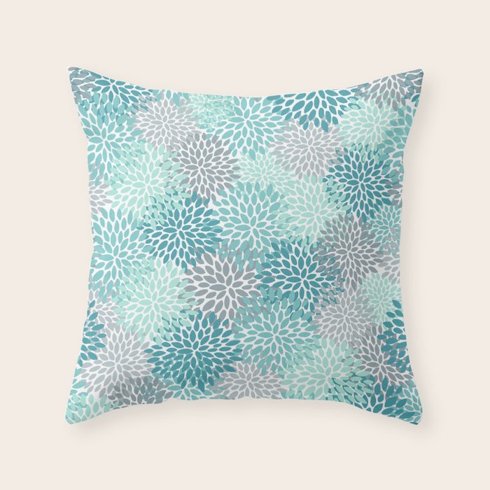 Modern Floral Prints, Teal, Turquoise and Gray Throw Pillow Gallery Image 6