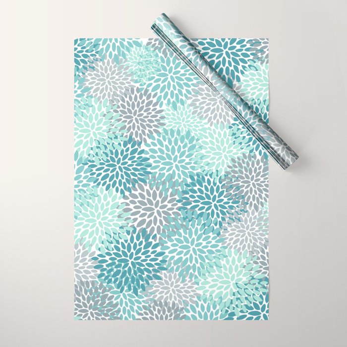 Modern Floral Prints, Teal, Turquoise and Gray Wrapping Paper Gallery Image 1
