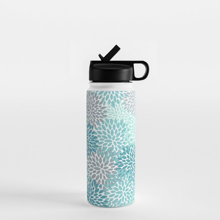 Modern Floral Prints, Teal, Turquoise and Gray Water Bottle Gallery Image 1