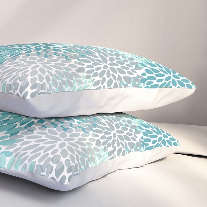Modern Floral Prints, Teal, Turquoise and Gray Pillow Sham Gallery Image 3