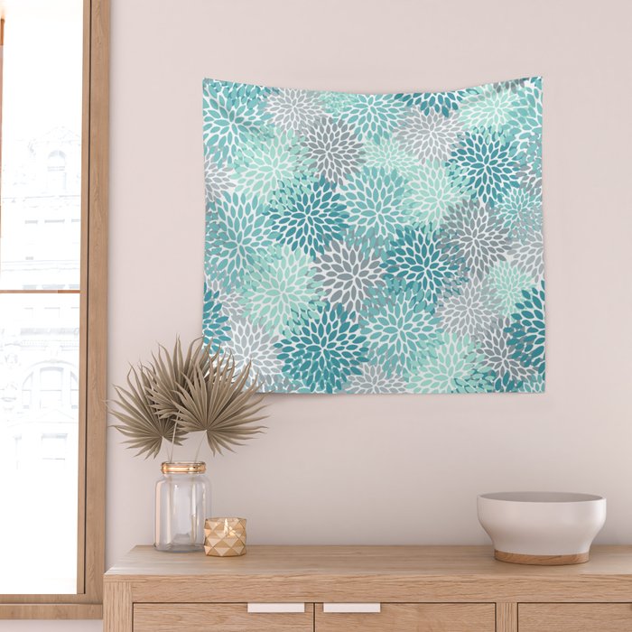 Modern Floral Prints, Teal, Turquoise and Gray Wall Tapestry Gallery Image 2