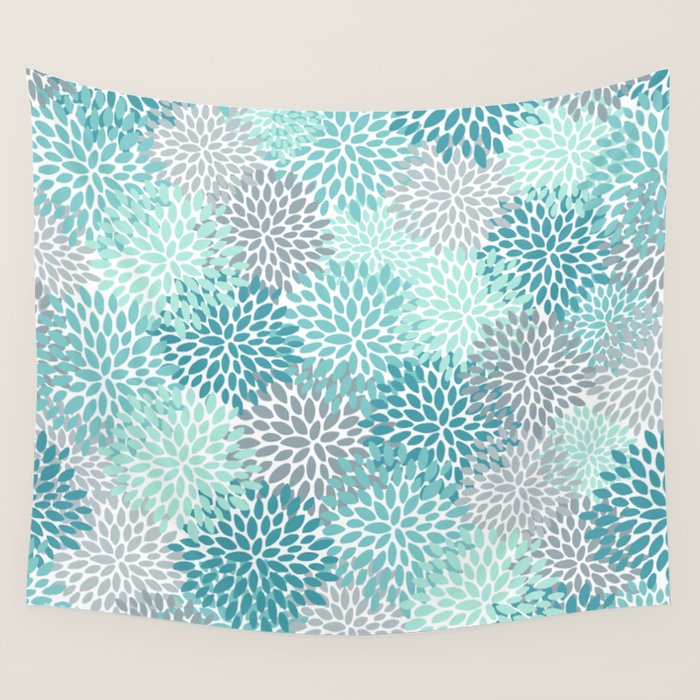 Modern Floral Prints, Teal, Turquoise and Gray Wall Tapestry Gallery Image 4