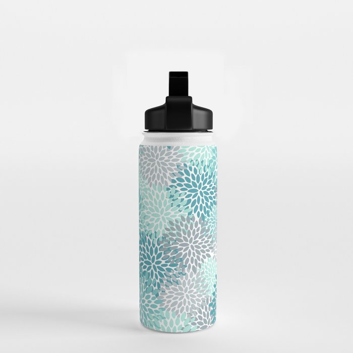 Modern Floral Prints, Teal, Turquoise and Gray Water Bottle Gallery Image 2