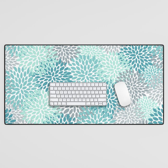 Modern Floral Prints, Teal, Turquoise and Gray Desk Mat Gallery Image 1