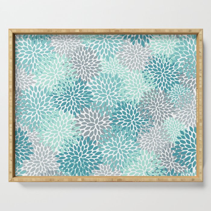 Modern Floral Prints, Teal, Turquoise and Gray Serving Tray Gallery Image 1