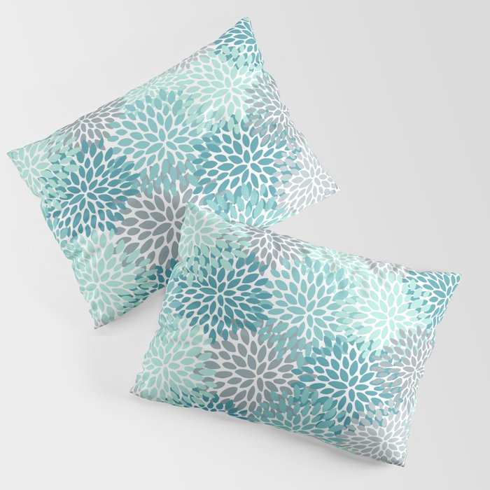 Modern Floral Prints, Teal, Turquoise and Gray Pillow Sham Gallery Image 3