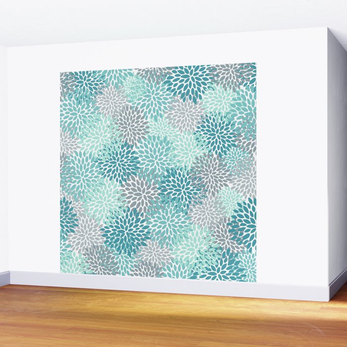 Modern Floral Prints, Teal, Turquoise and Gray Wall Mural Gallery Image 2