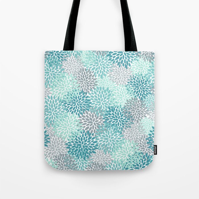 Modern Floral Prints, Teal, Turquoise and Gray Tote Bag Gallery Image 1