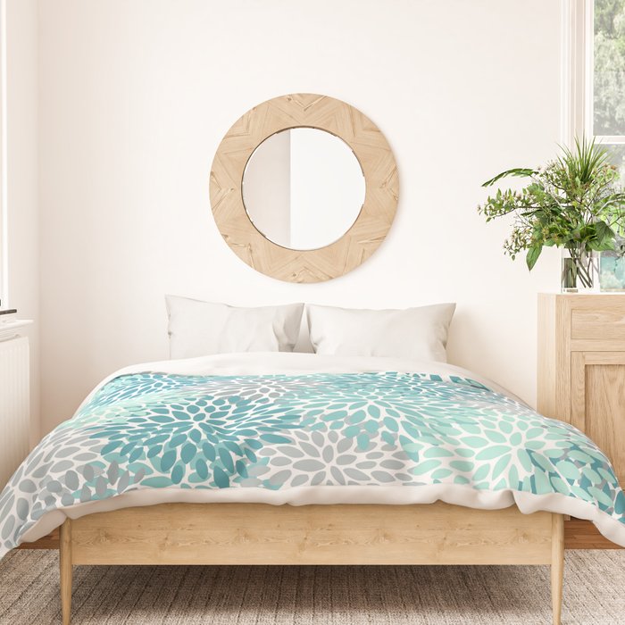 Modern Floral Prints, Teal, Turquoise and Gray Duvet Cover Gallery Image 3