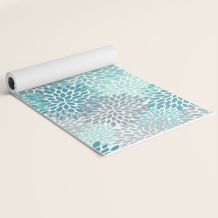 Modern Floral Prints, Teal, Turquoise and Gray Yoga Mat Gallery Image 2