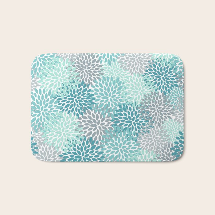 Modern Floral Prints, Teal, Turquoise and Gray Bath Mat Gallery Image 1