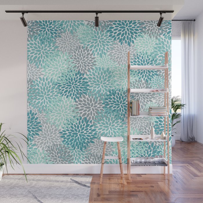 Modern Floral Prints, Teal, Turquoise and Gray Wall Mural Gallery Image 1