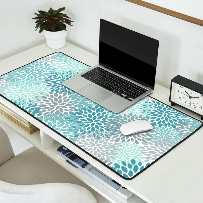Modern Floral Prints, Teal, Turquoise and Gray Desk Mat Gallery Image 2