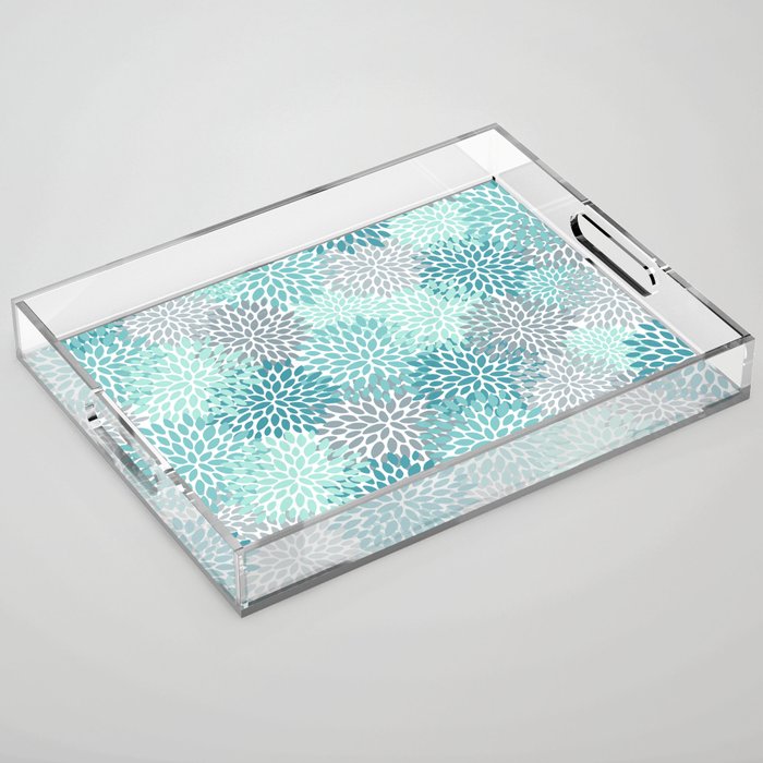 Modern Floral Prints, Teal, Turquoise and Gray Acrylic Tray Gallery Image 1