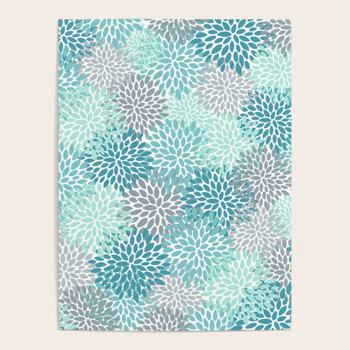 Modern Floral Prints, Teal, Turquoise and Gray Poster Gallery Image 4
