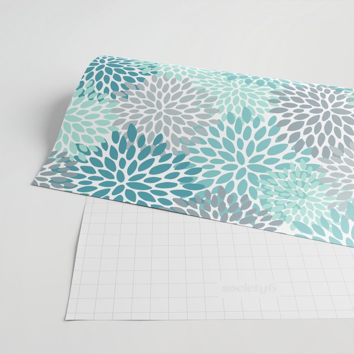 Modern Floral Prints, Teal, Turquoise and Gray Wrapping Paper Gallery Image 2