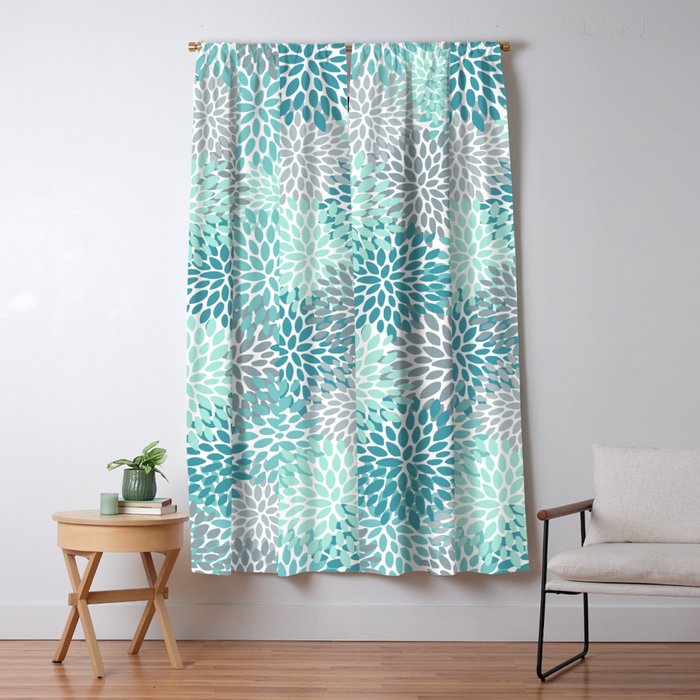 Modern Floral Prints, Teal, Turquoise and Gray Window Curtain Gallery Image 5
