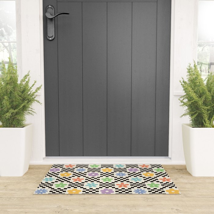 Retro Colorful Flower Double Checker Welcome Mat Gallery Image 3