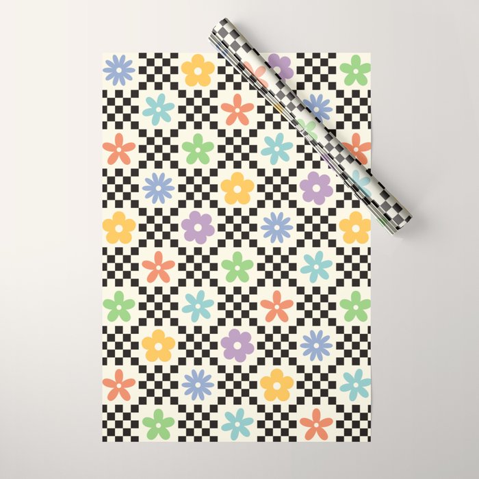 Retro Colorful Flower Double Checker Wrapping Paper Gallery Image 1